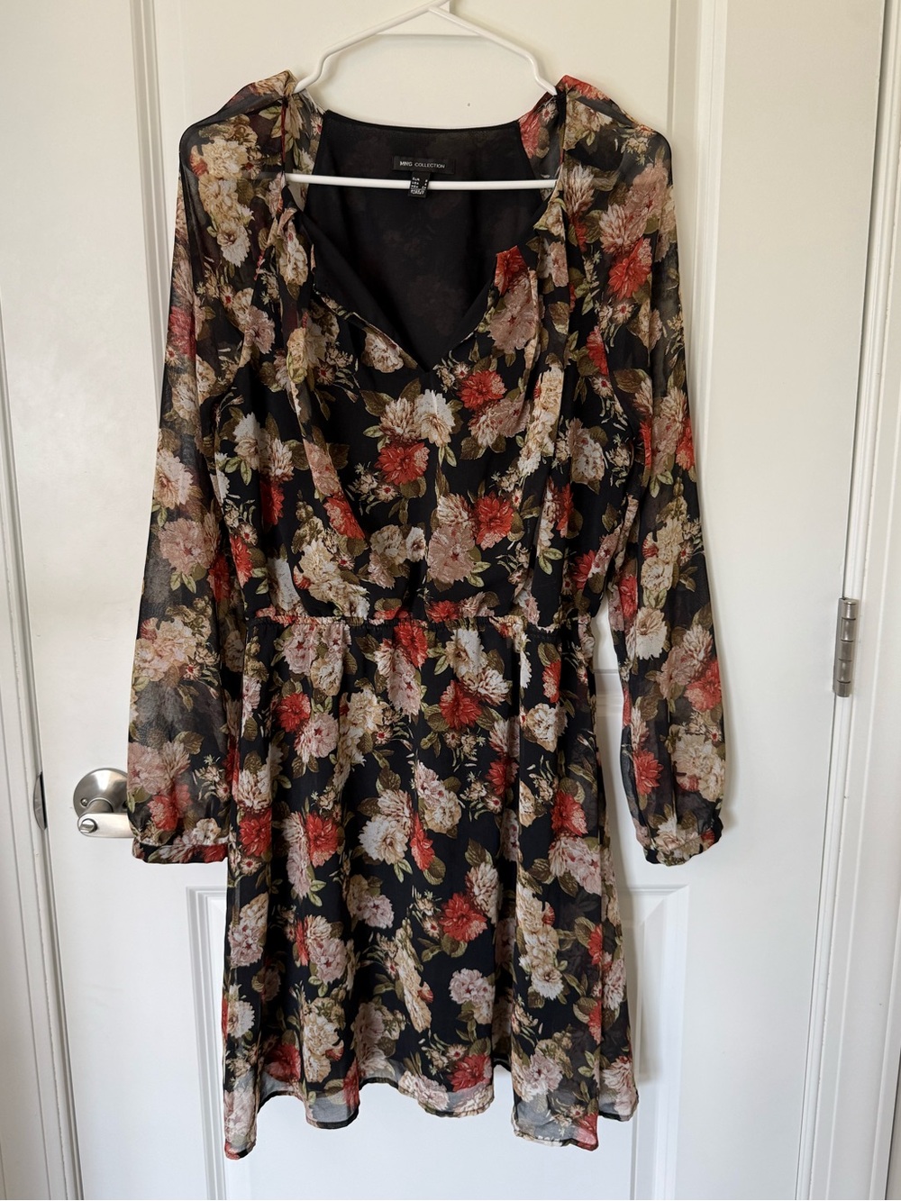 Mng Collection Long-Sleeve Black Floral Chiffon Dress with Red & Cream Blooms